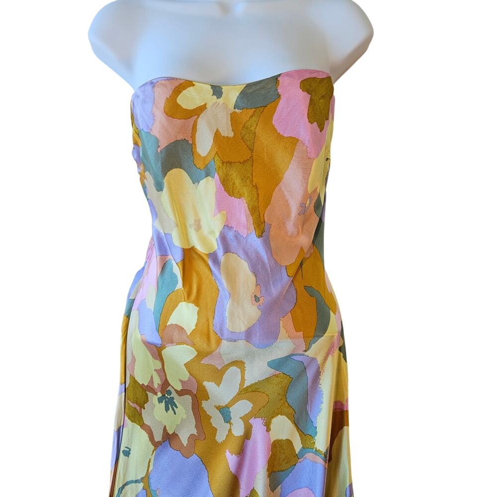 ASTR The Label Yellow Multicolor Floral Strapless Satin Maxi Dress Medium Artsy - Picture 4 of 12